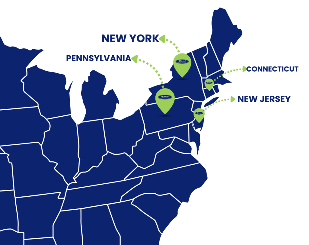 Map of the USA highlighting New Jersey, Pennsylvania, New York, and Connecticut